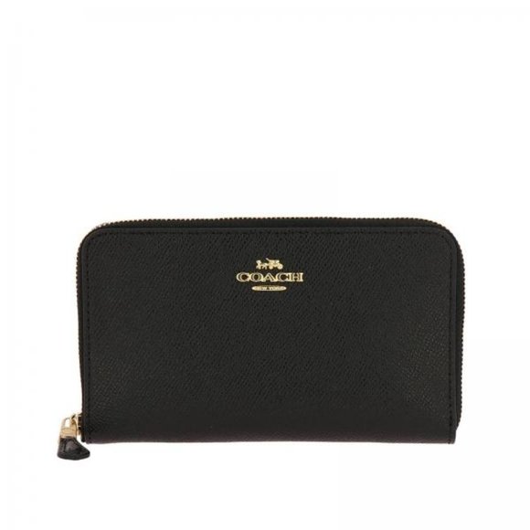 Coach Handbags - COACH Black Gold Crossgrain LEATHER Zip-Around Wallet